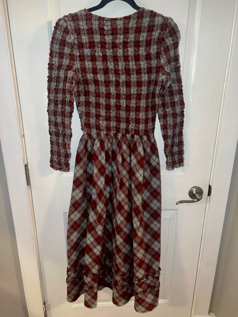 Damson Madder Red Blue Plaid Posey Cardi Organic Cotton Smocked Midi Dress - Picture 5 of 8